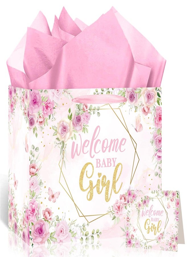 Woosytoo Welcome Baby Girl Gift Bag Pink Floral Wrapping Bag with Greeting Card and Tissue Paper Gender Reveal Baby Girl Treat Candy Bag for Baby Shower Gender Reveal Birthday Party Supplies - Image 1